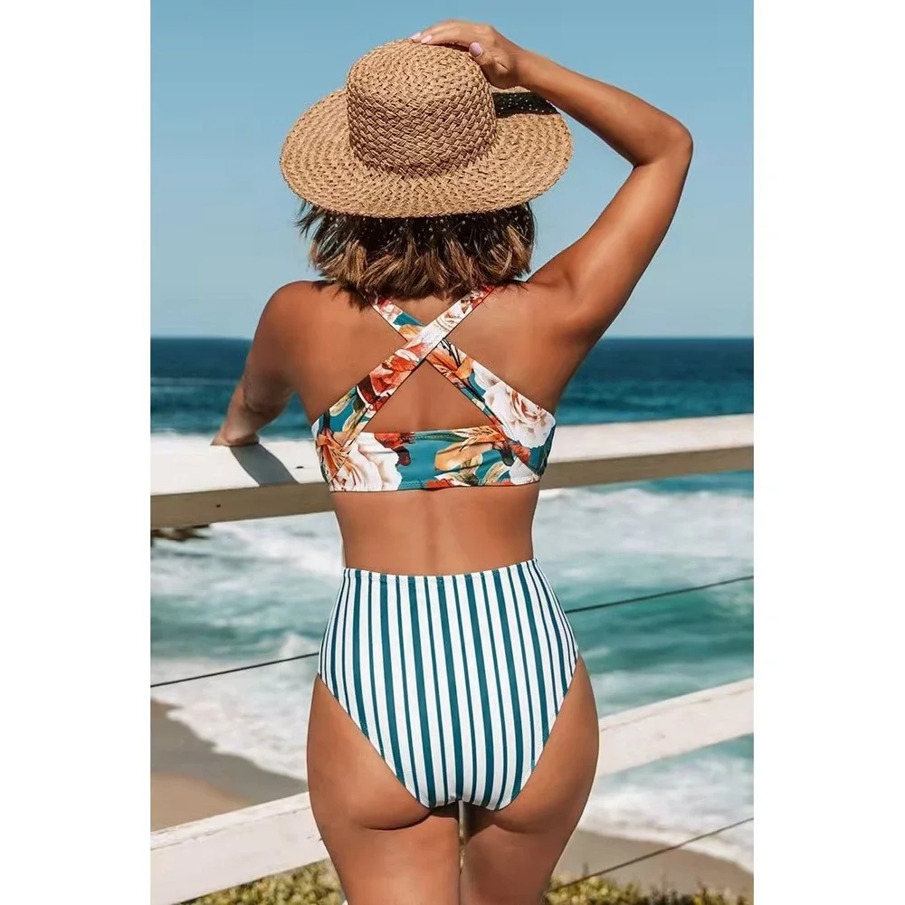 CUPSHE Floral and Stripe Knotted High Waisted Bikini | NWT - SIZE M - Picture 2 of 10